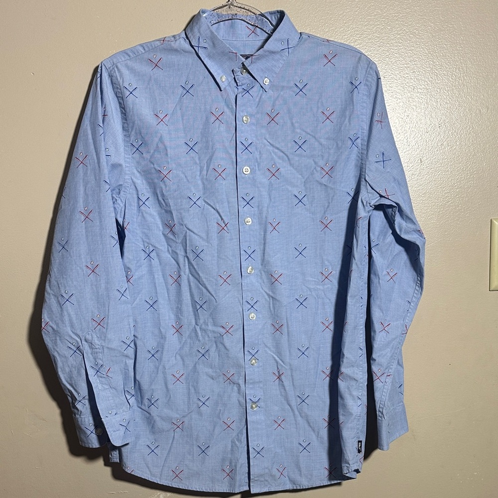 Vineyard Vines Boys XL 18 Blue Baseball Print Whale Button Up Collared Shirt